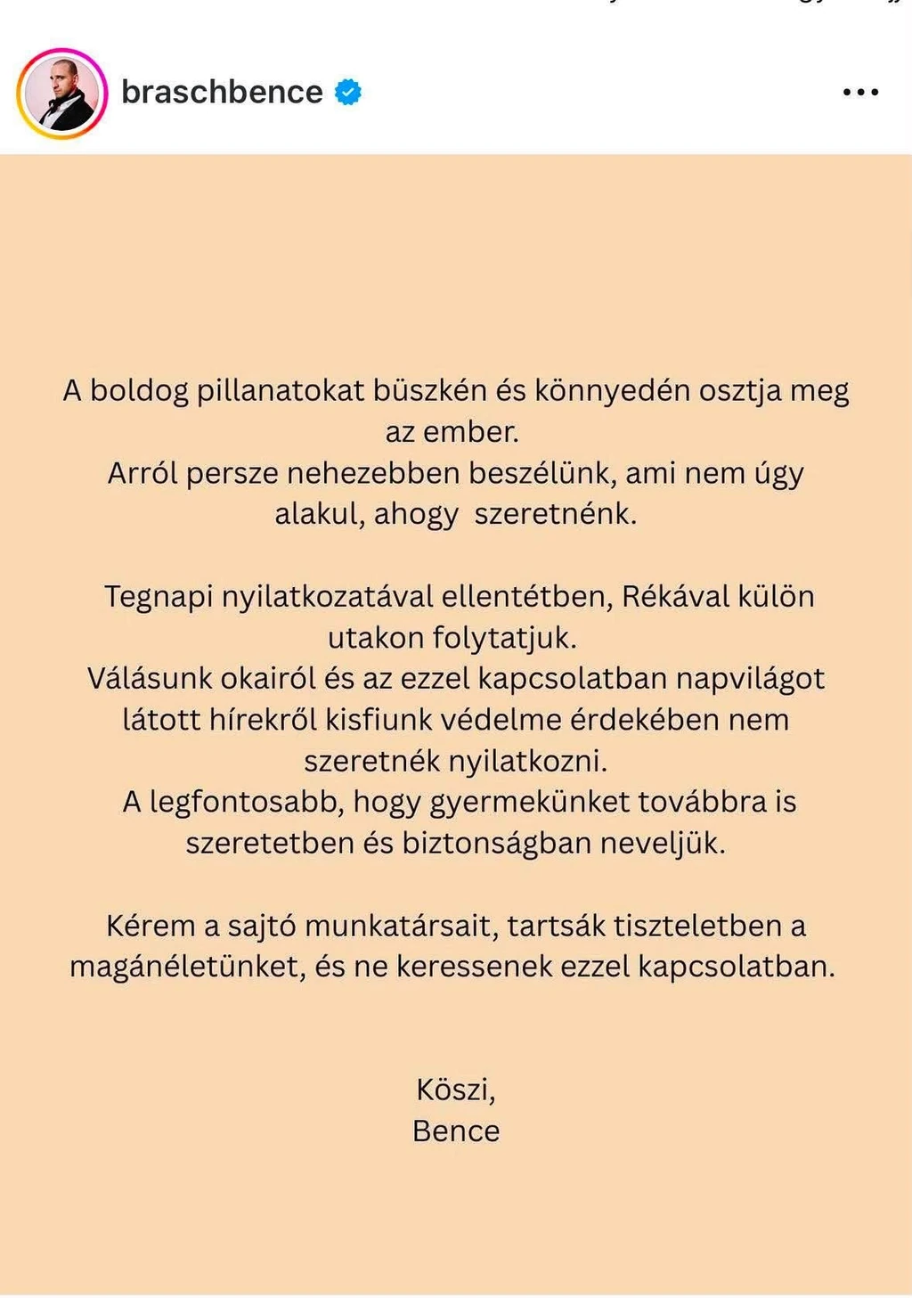 Brash Bence nyilvános poszban jelentette be, hogy elválnak útjai kisfia édesanyjától