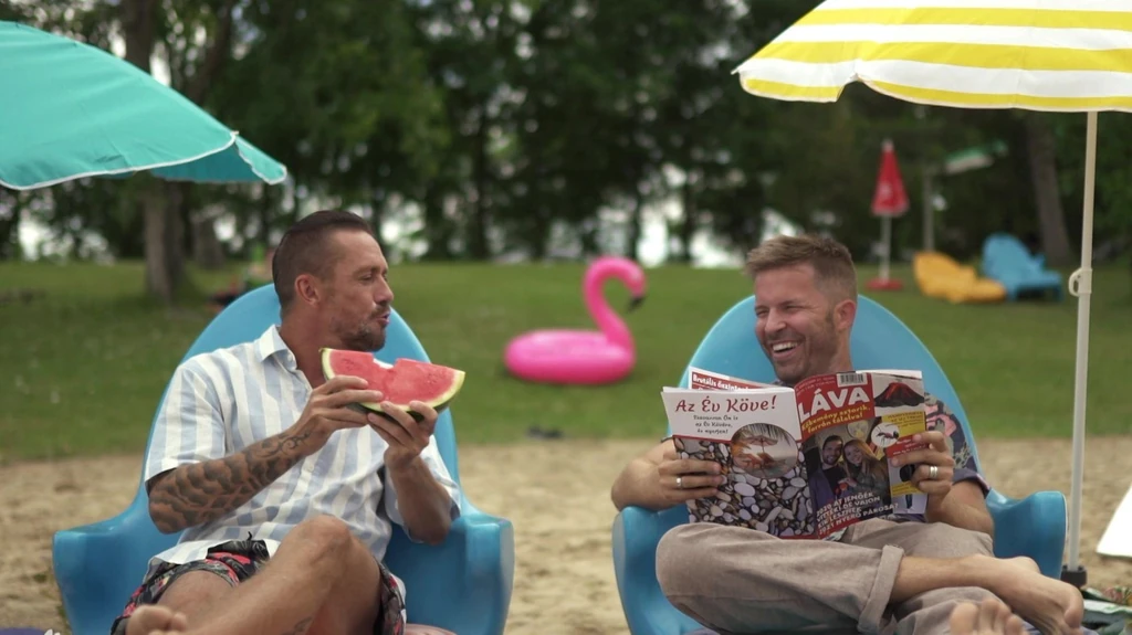 Kabát Peti és Sebestyén Balázs talán a diétáról poénkodik éppen (Fotó: RTL)