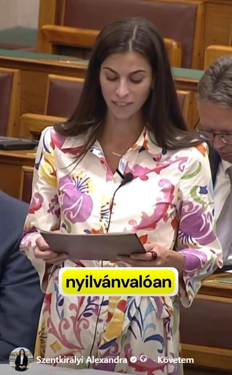 Szentkirályi Alexandra vidám, színes ruhában szólalt fel a parlamentben