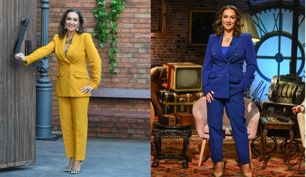 Katona Szandra a Kincsvadászok forgatásán: a sárga és a kék nadrágkosztümben nagyon csinos, mindkettő előnyösebb választásnak bizonyult a fehérnél. Ezeket is ugyanakkor viselte, amikor a fehér ruhás adásokat rögzítették