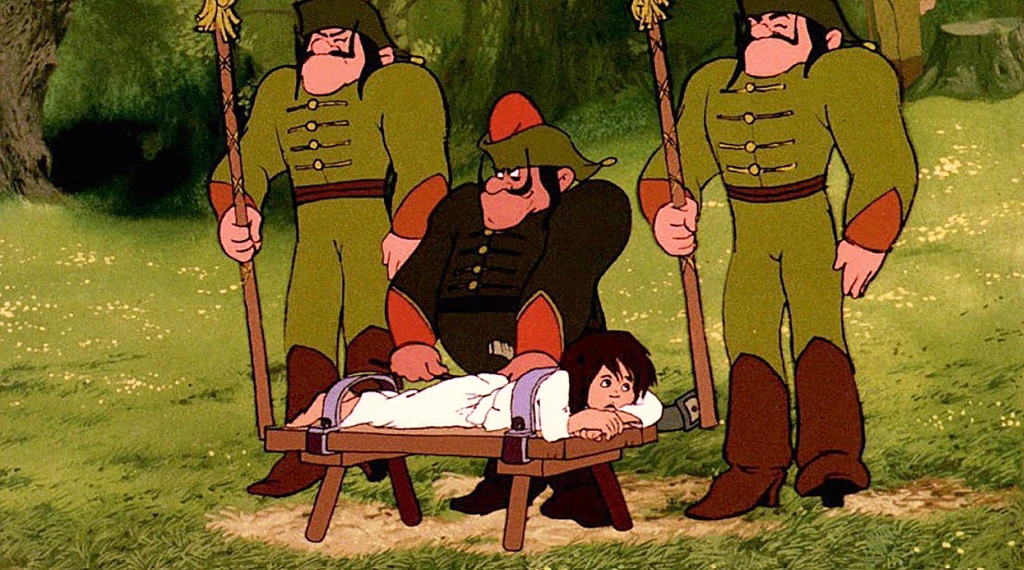 A dölyfös földesúr, Döbrögi igazságtalanul vereti meg Lúdas Matyi