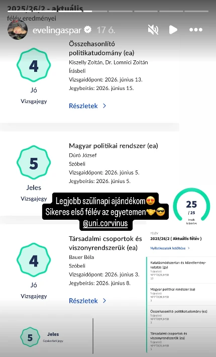 Gáspár Evelin megmutatta a bizonyítványa egy részét: politológiát hallgat