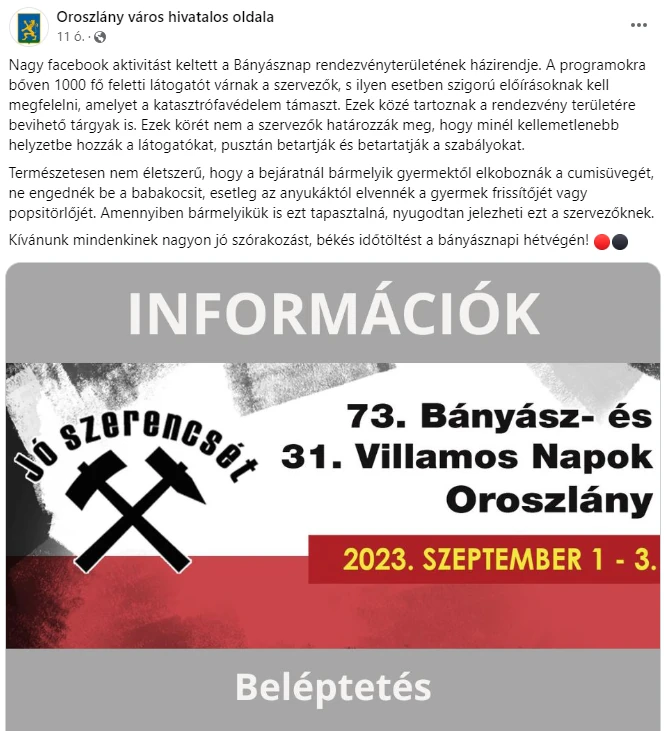 Fotó: Facebook/Oroszlány város hivatalos oldala