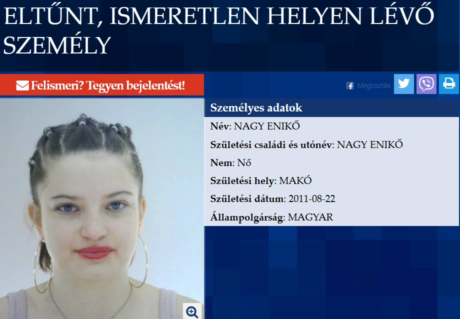 A rendőrség eltűnt személyként keresi a tinilányt