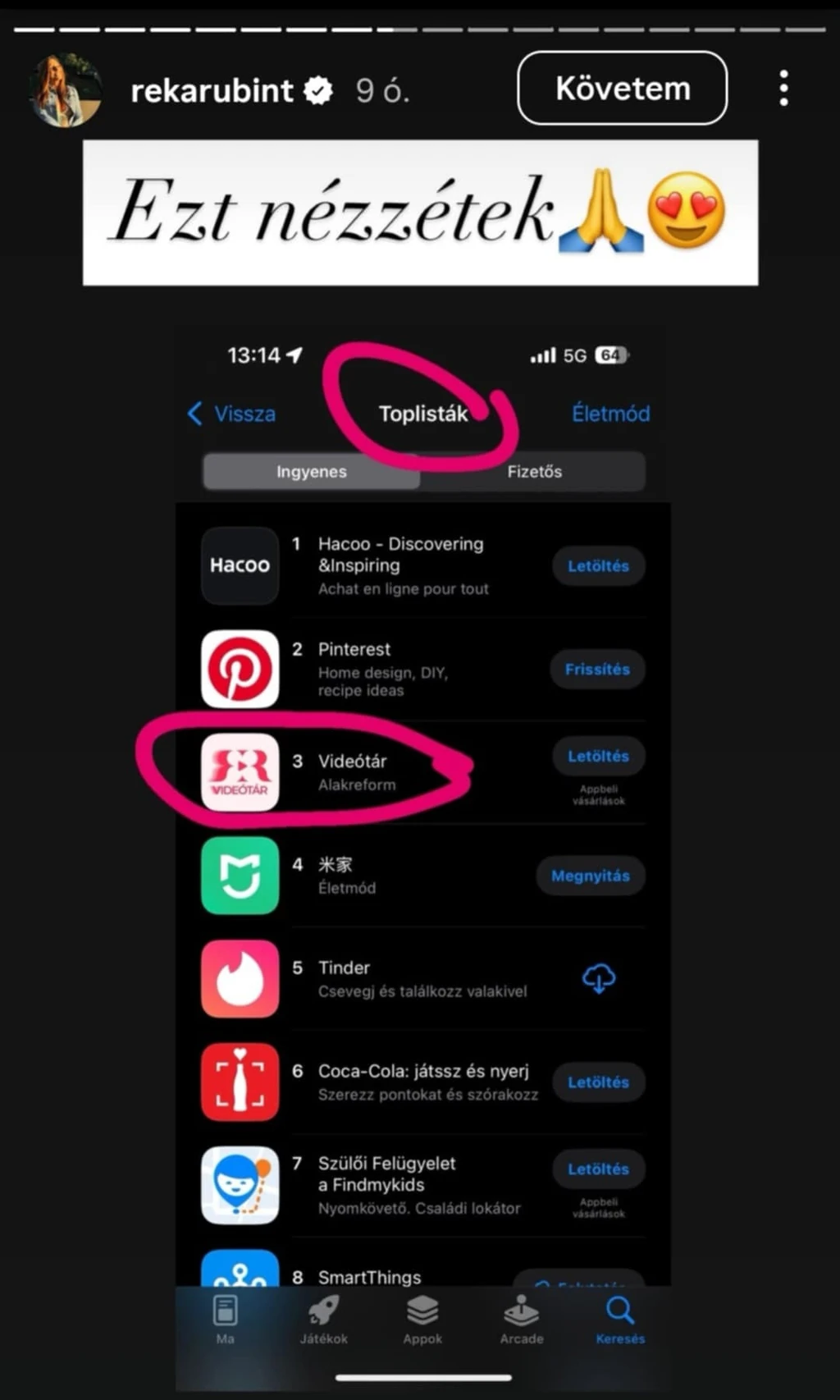 Rubint Réka nagy örömmel osztotta meg követőivel a Videótár sikerét, miközben a Tinder is ott lapul a telefonján (Fotó: Instagram)